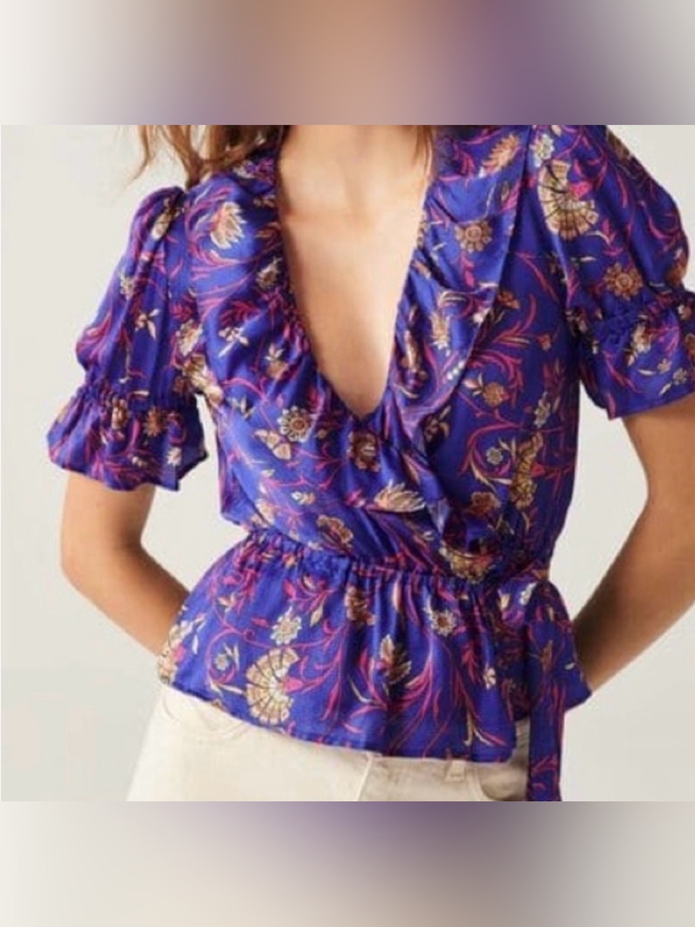 BA&SH Chella Purple Floral V-Neck Peplum Top NWOT